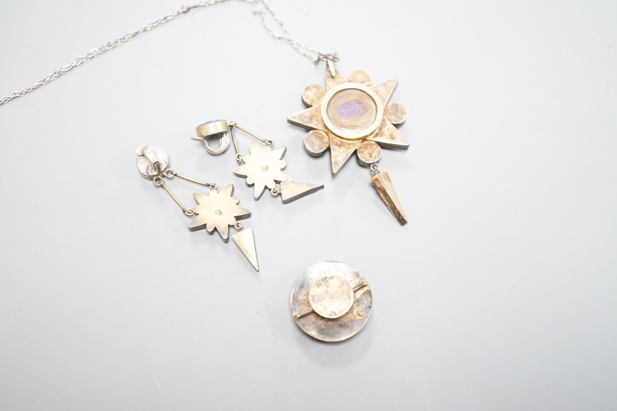 A 19th century Italian gilt metal and micro-mosaic drop pendant on chain, pendant 6cm and a pair of matching drop earrings and a micro-mosaic button